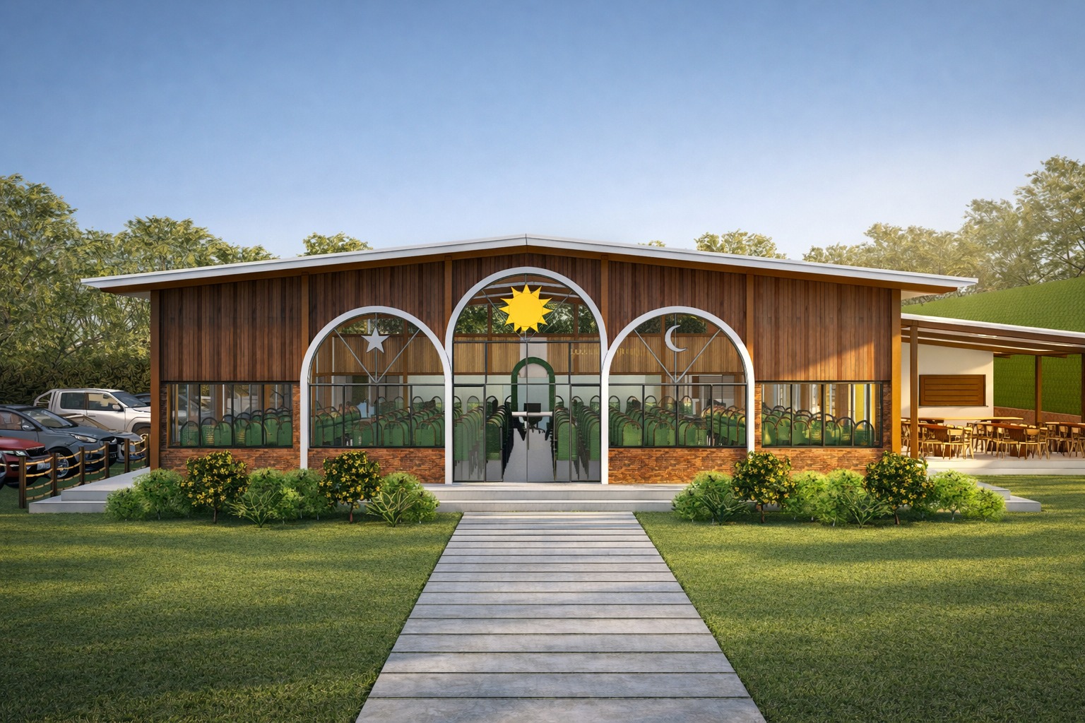 3D render of the main facade of the DAV Temple